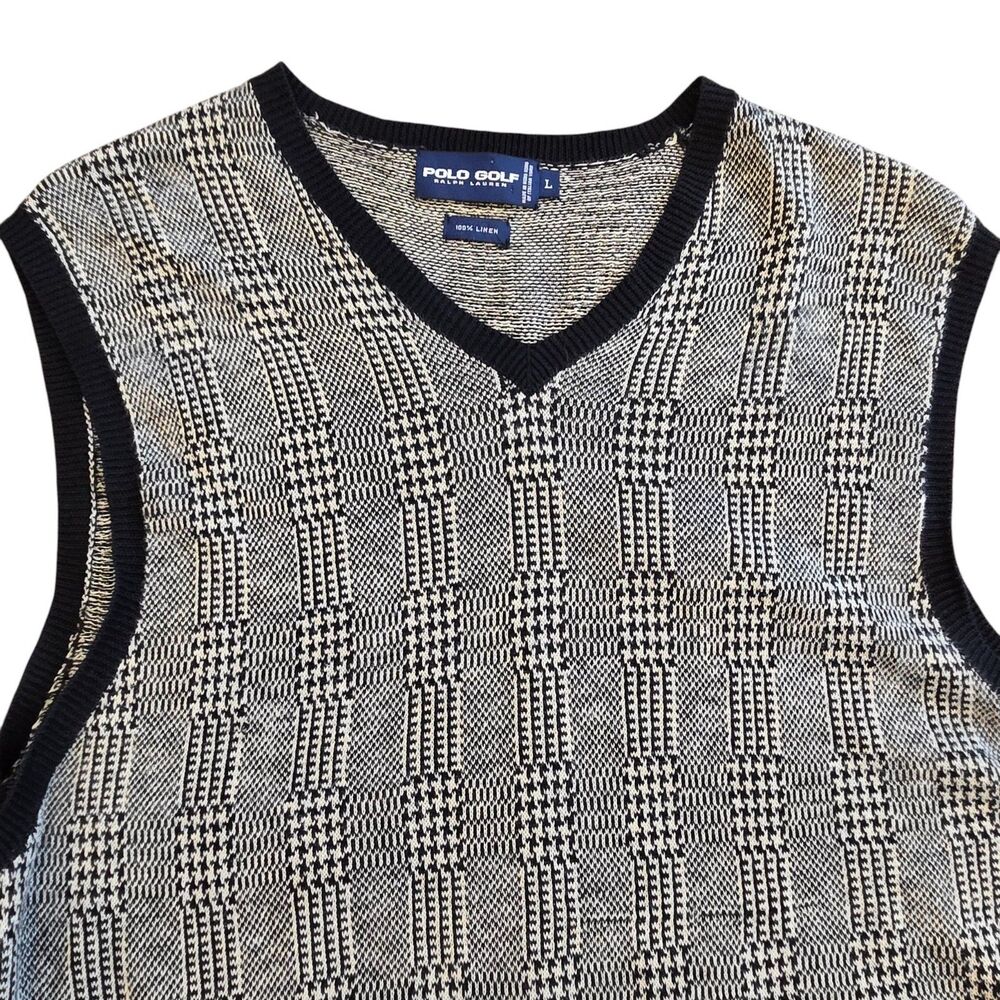 Polo Golf Ralph Lauren 100% Linen Sweater Vest Mens Size L Herringbone Old Money